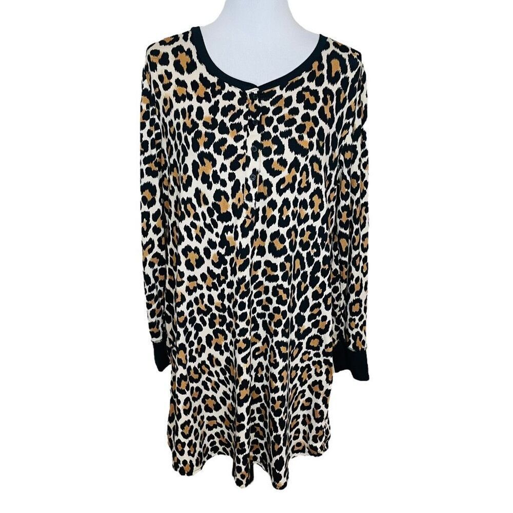 Kate Spade Brushed Jersey Long Sleeve Sleepshirt Nightgown Leopard Cheetah Print